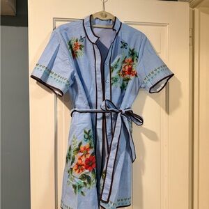 Light Blue Floral Button-Front Shirt Dress with Belt
